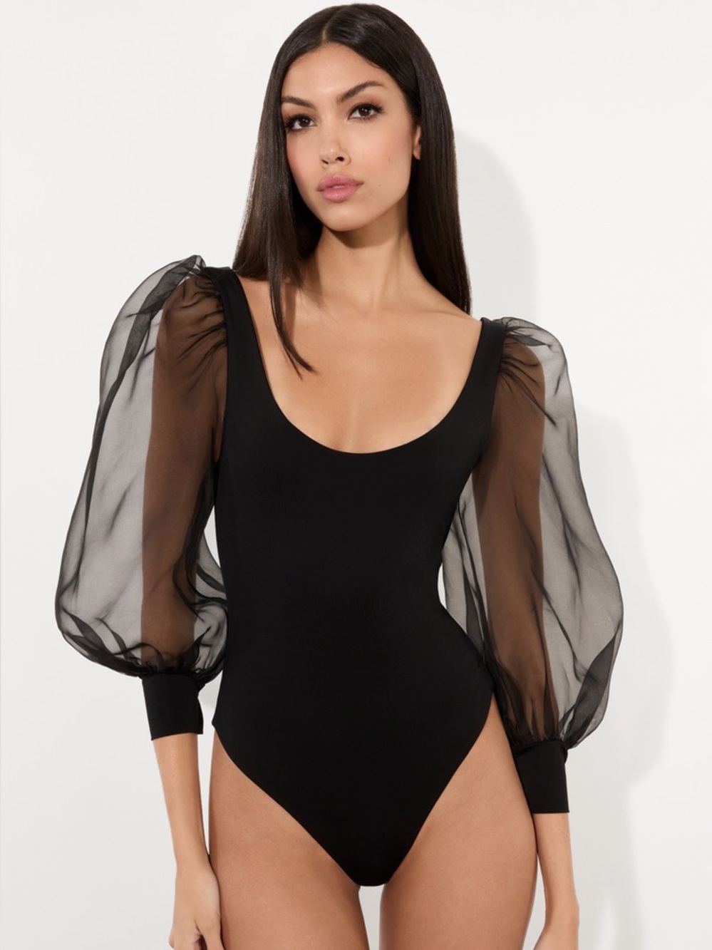 ALICE + OLIVIA Jillianne Scoop Neck Puff Sleeve Thong Bodysuit